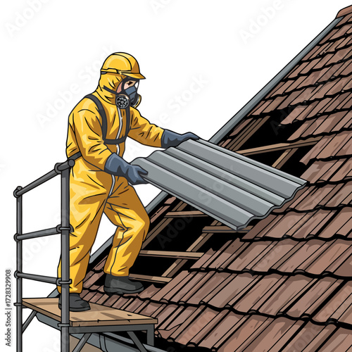 Worker in yellow hazmat suit and respirator removing corrugated roofing material from damaged roof
