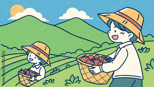 Illustration of a mother and child harvesting tomatoes in a field on a sunny day.