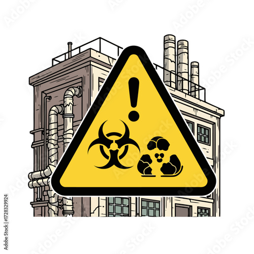 Industrial building with pipes and yellow warning triangle sign featuring biohazard and radiation symbols