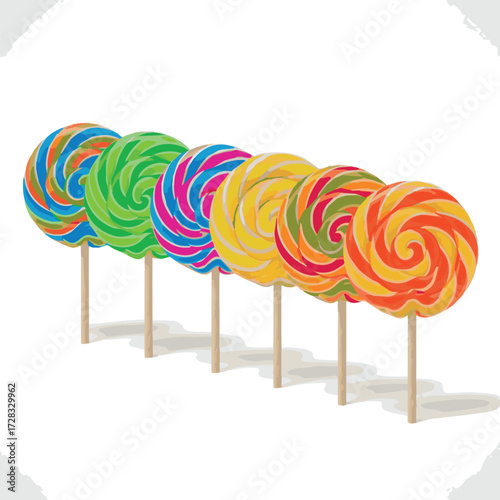  Create six Colorful lollipop on White background.