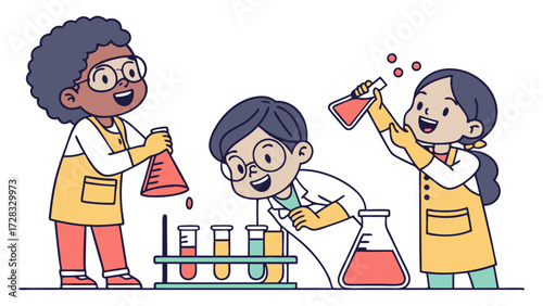 Three excited children in lab coats and goggles conduct a science experiment with colorful liquids, beakers, and flasks.
