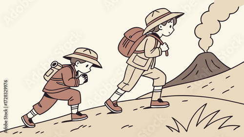Two young explorers, wearing hats and backpacks, hike up a hill towards a smoking volcano.