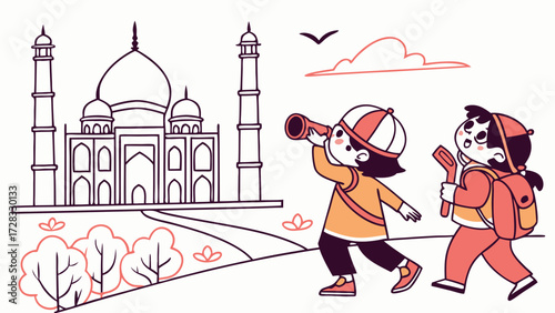 An illustration of two children dressed as explorers with a spyglass and map looking at the Taj Mahal.