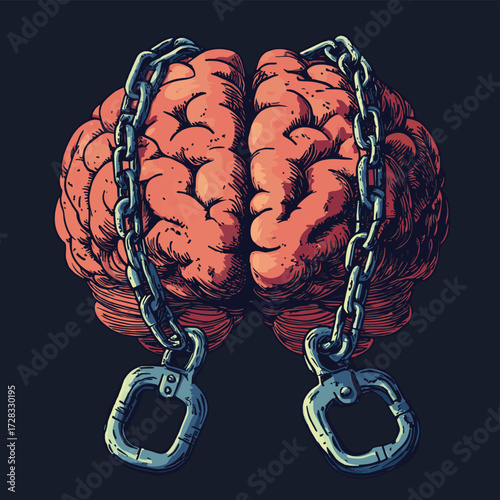 Human brain with handcuffs symbol of mental prison and restriction , vector style simple color