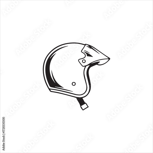 A black and white illustration of a motorcycle helmet with a visor and chin strap.