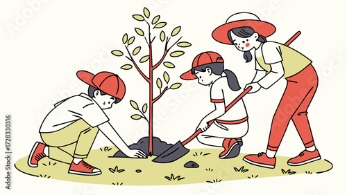 An illustration of a family, a mother and two children, planting a young tree together in a garden, promoting environmental care and teamwork.