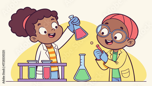 Two smiling children conducting a science experiment, mixing colorful liquids in beakers and test tubes.