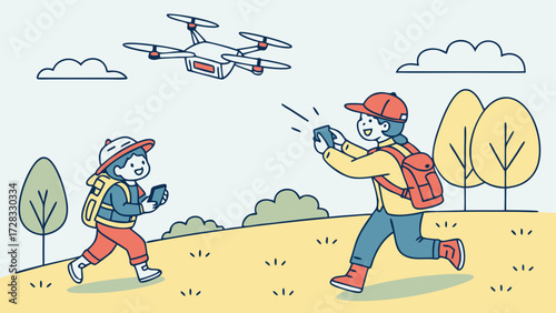 Two children flying a drone in a field with trees and clouds.