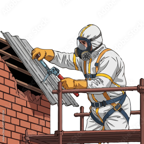 Worker in full protective gear, including respirator and suit, removing asbestos roofing material from damaged building structure