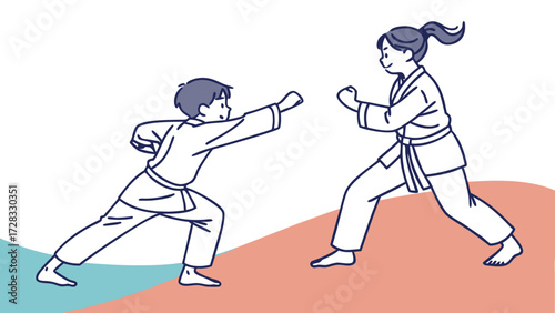 An illustration of a boy and a girl practicing karate sparring in their uniforms.