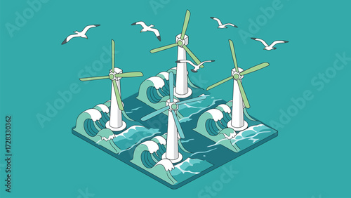 Vector Isometric Offshore Wind Farm Illustration with Wavy Sea and Flying Seagulls. Clean Renewable Energy Concept.