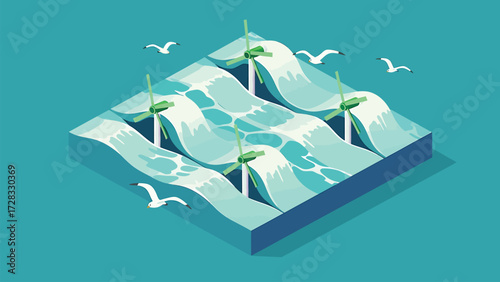 Offshore Wind Farm Isometric Vector Illustration with Ocean Waves and Seagulls, Renewable Energy Concept