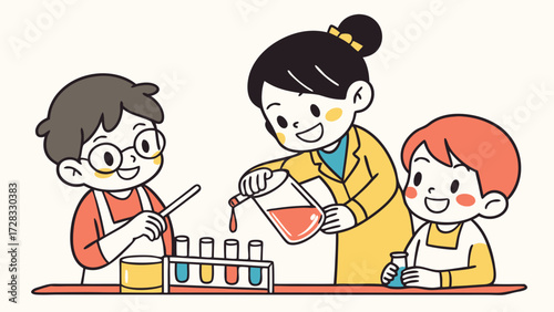 A teacher assists two students in a science experiment, pouring liquid into test tubes.