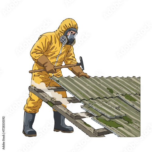Worker in full protective suit and respirator removing asbestos roofing material with hammer, emphasizing safety precautions during hazardous material abatement