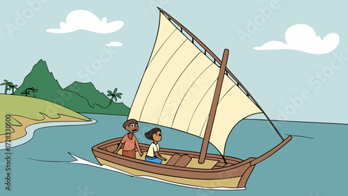 Two children sailing in a traditional wooden boat near a tropical island.