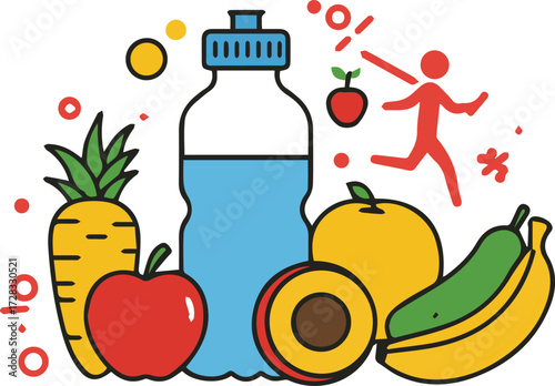 Healthy Eating and Hydration Colorful Illustration of Fruits, Vegetables, and Water Bottle