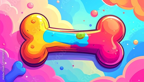 A vibrant, cartoonish bone floats amidst pastel clouds and colorful bubbles