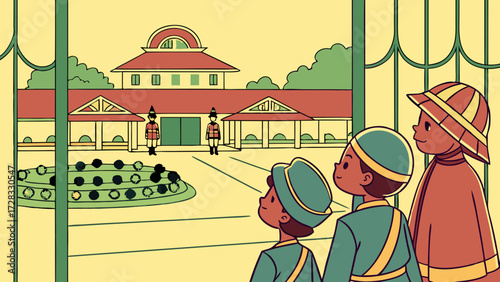 Three young boys in traditional attire gaze at a grand building with guards standing at attention.