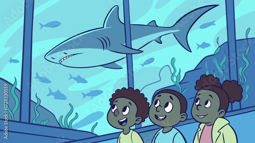 Three children watch a large shark swim in a vibrant blue aquarium tank, surrounded by smaller fish and marine plants.