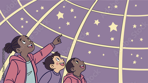 Three children gaze upwards, pointing at stars within a planetarium's illuminated dome, filled with wonder.
