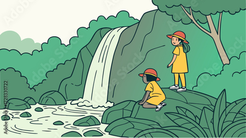 Two young girls in yellow outfits and hats observe a beautiful waterfall cascading into a rocky stream surrounded by lush green foliage.