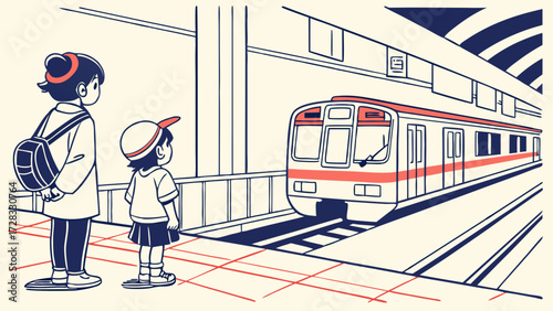 Two figures, a child and an adult, watch a train arrive at a station platform.