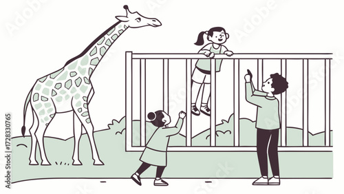 Three children observe a giraffe at the zoo, one child climbs the fence while the others point.