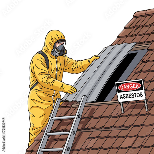 Worker in protective suit and gas mask removing asbestos roofing material from house attic using ladder, danger sign nearby