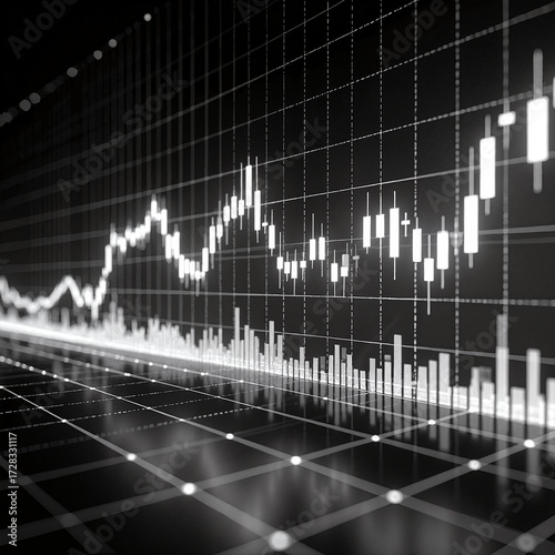 A detailed stock market chart featuring vibrant candlestick patterns and bar graphs, illustrating price movements and trading volume over time.