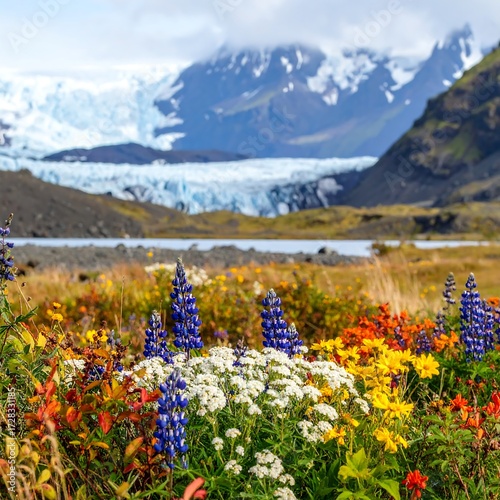 Vibrant wildflowers in foreground, glacier and mountains in background