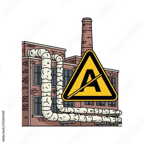Industrial building with pipes and prominent yellow triangular warning sign indicating potential hazard