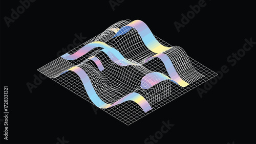 Vector Holographic Grid: Abstract Wavy Gradient Surfaces on Black Background
