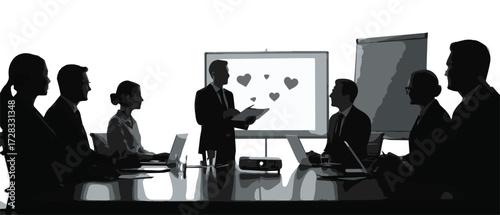 Business meeting in a conference room with a presentation on a screen, displaying hearts and a speaker addressing attendees