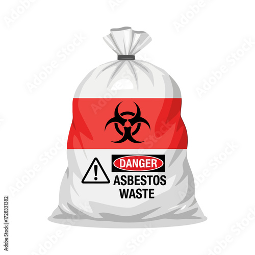 Bag labeled danger asbestos waste with biohazard symbol and warning triangle