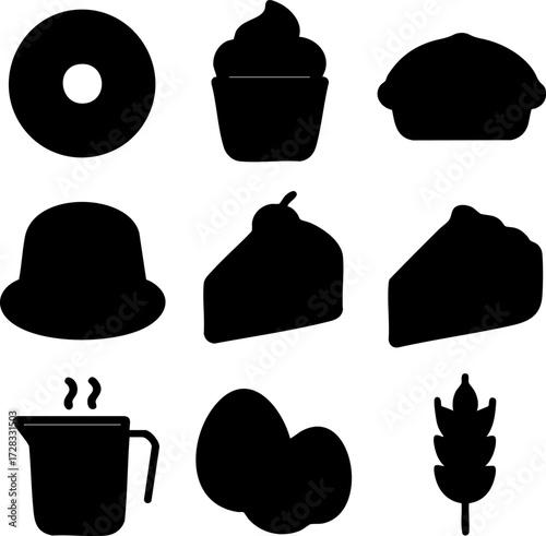 A collection of black silhouette icons representing various baked goods and breakfast items.