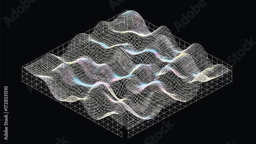 Undulating Vector 3D Wireframe Surface with Soft Pastel Gradients on Isometric Grid, Digital Abstract