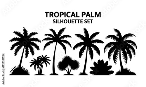 Palm Tree Silhouette Set Minimal Tropical Vector illustration Icons on White, t-shirt design elements, Silhouette tree, easily editable.