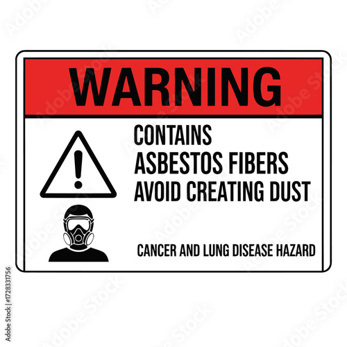 Warning sign indicating asbestos fibers and cancer hazard with person wearing gas mask