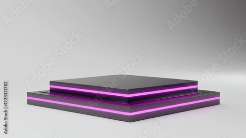 Two-tiered, black, square podium with green neon accents on a simple, white background
