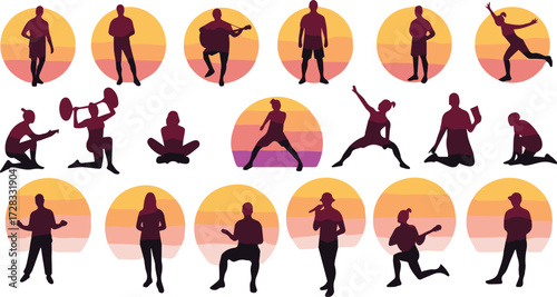 Silhouette People Icons Against Sunsets Active Lifestyle Collection