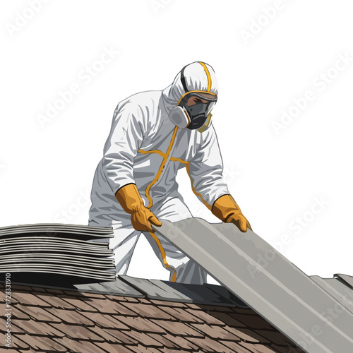 Worker in protective suit and gas mask removing asbestos roofing material from house roof