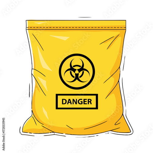 Yellow biohazard bag with black biohazard symbol and the word danger