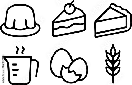 Baking and Dessert Ingredients and Dishes Line Art Icons.