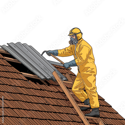 Worker in protective suit removing corrugated asbestos roof sheet from house roof using crowbar and ladder