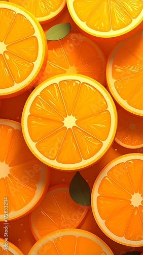 A vibrant close-up of numerous orange slices, artistically arranged with a few leaves