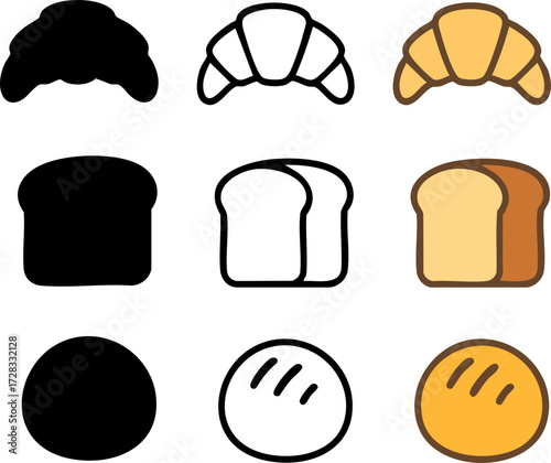 Bread and Croissant Icons in Various Styles.