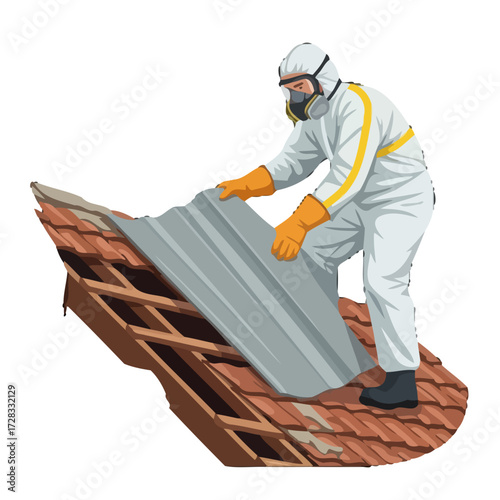 Worker in protective suit and mask removing corrugated metal sheet from damaged roof structure