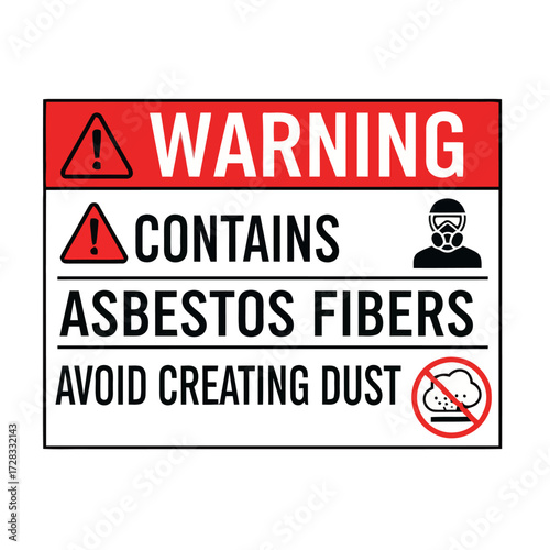 Warning sign indicating asbestos fibers presence and advising to avoid creating dust