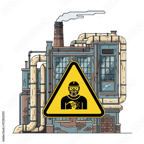 Stylized an industrial factory with pipes and smokestacks, featuring prominent hazard warning sign for toxic substances