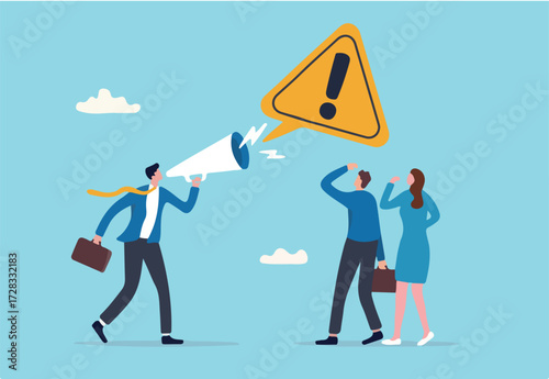Shouting warning message, caution or alert attention, safety or danger announcement, risk or important information, beware or careful sign, businessman shouting on megaphone with exclamation sign